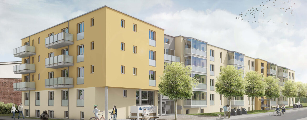 Ansicht des Mehrfamilienhaus in der Maria-Mitchel-Straße 1+3 in Lübeck - Planung Heizung & Sanitär für den Neubau vom Ingenieurbüo Rüdiger aus Rostock