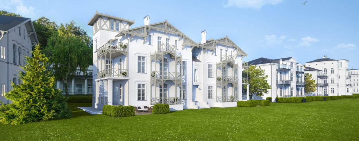 Planung der Sanierung vom Ingenieurbüro Rüdiger in Rostock von 12 Wohnungen in der Villa Möwe in Heiligendamm - Gartenansicht des Gebäudes